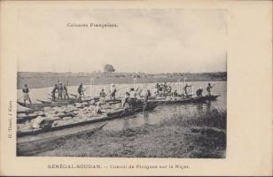 Kenu konvoj a Niger folyón, folklór, Senegal-Sudan, Convoi de Pirogues sur le Niger / convoy of canoes on the Niger, folklore
