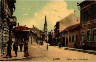Újvidék, Novi Sad; Rákóczi utca, templom, üzlet / street view, church, shop