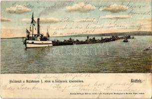 1902 Siófok, Halászat a Balatonon I. A halászok kivonulása, gőzhajó. Kiadja Ellinger Ede cs. és kir. udvari fényképész (szakadás / tear)