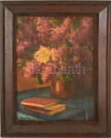 Koszta jelzéssel: Virágcsendélet könyvekkel. Olaj, karton, keretben, 37×27 cm