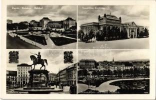 Zagreb, Zágráb; Kolodvor, Sveucilisna Knjiznica, Jelacicev spomenik, Mihanoviceva ulica Hotel Esplanade / railway station, university library, monument, street, hotel