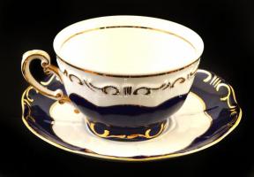 Zsolnay Pompadour teás csésze és csészealj, kézzel festett, kopásnyomokkal, jelzett