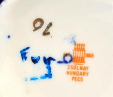 Zsolnay Pompadour teás csésze és csészealj, kézzel festett, kopásnyomokkal, jelzett