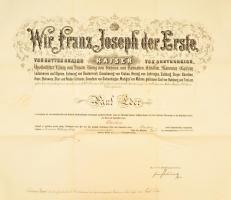 1907 Prága, I. Ferenc József császár által kiadott katonai címadományozó oklevél, rajta Ferenc József aláírásával