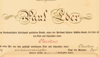 1907 Prága, I. Ferenc József császár által kiadott katonai címadományozó oklevél, rajta Ferenc Józse...