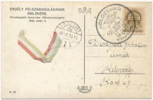 1940 Máramarossziget, Sighetu Marmatiei; bevonulás katonazenekarral, hátoldalba fűzött textil magyar...