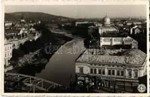 1936 Nagyvárad, Oradea; Malul Crisului / Körös-parti rész, híd, zsinagóga, Soltész, Cziller üzlete, Deutsch posztó áruháza, étterem és söröző / Cris riverside, bridge, synagogue, shops, restaurant and beer hall, inn