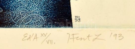 Olvashatatlan jelzéssel: Liaison. Színes rézkarc, papír, üvegezett keretben, 24×18 cm