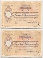 Románia / Satu-Mare (Szatmár) 1922. Szatmár Vármegyei Takarépénztár Részvénytársaság névre szóló részvénye 600L-ről (2x) sorszámkövetők, szelvényekkel, szárazpecséttel, hátlapon román bélyeggel és bélyegzéssel valamint kézírásos megjegyzéssel T:II,II- / Romania / Satu-Mare (Szatmár) 1922. Szatmár Vármegyei Takarépénztár Részvénytársaság share with the shareholders name, about 600 Lei (2x), sequential serials, with coupons, on the reverse Romanian stamps and cancellations and handwritten notes C:XF,VF
