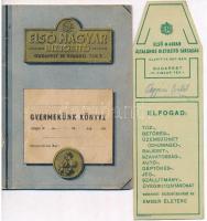 ~1940. Első Magyar Általános Biztosító Társaság - Gyermekünk könyve kitöltetlen, benne könyvjelző és 2db kitöltött váltó.