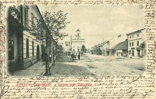 1899 Poprád (Tátra, Tatry); Fő utca, Csonka torony, templom. Divald Adolf / main street, tower, church