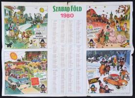 1980 Szabad Föld-naptár, Állami Biztosító reklámmal, Offset és Játékkártya Nyomda, szélein kis sérüléssel, 42×58 cm