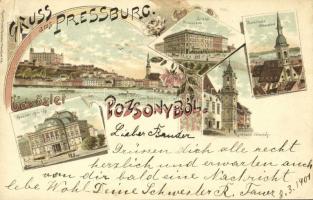 1901 Pozsony, Pressburg, Bratislava; Sétatér, Főtemplom, Városház, Színház / promenade, church, town hall, theatre. Kunstanstalt Rosenblatt Art Nouveau, floral, litho (EK)