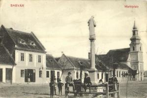 Sasvár, Sastín, Mária Sasvár, Maria-Schlossberg; Piac tér, templom, üzlet, szobor / Marktplatz / market square, church, shop, statue (szakadások / tears)