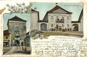 1909 Körmöcbánya, Kremnitz, Kremnica; Városháza, Városkapu 1300-ból. Braun Ármin kiadása / town hall, city wall from 1300. floral (fa)