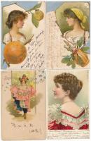 18 db RÉGI hölgyek motívumlap, közte szecessziós litho és dombornyomott lapok is / 18 pre-1905 ladies motive cards, among them Art Nouveau litho and Emb. ones