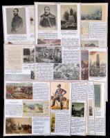 Különleges, egyedi összeállítás az 1848-1849-es forradalom és szabadságharcról. Budavár ostromától (1849. május 4-21.) a világosi fegyverletételig (1849. aug. 13. Rajta 44 db régi képeslappal, 13 db modern képeslappal, későbbi-modern nyomtatványokkal, kivágásokkal, 1 db modern fotóval...stb. 24 db. nemzetiszín kartonon, a képeslapok nincsenek felragasztva a tablókra. Különleges, érdekes gyűjtemény.