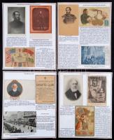 Különleges, egyedi összeállítás Kossuth Lajos Amerikai Egyesült Államokban béli útjáról és haláláról. 8 db régi, 3 db modern képeslappal, valamint Kossuth Lajos gyászszertartásáról szóló nyomtatvánnyal (1894, Székesfőváros Törvényhatósága értesítése.) 4 db. nemzetiszín kartonon, a képeslapok nincsenek felragasztva a tablókra. Különleges, érdekes gyűjtemény.