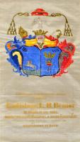 cca 1862 Bémer László nagyváradi püspök halotti címere, festett selyemkép, nyomtatott szöveggel, 69×39 cm