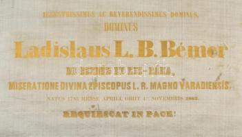 cca 1862 Bémer László nagyváradi püspök halotti címere, festett selyemkép, nyomtatott szöveggel, 69×...