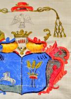 cca 1862 Bémer László nagyváradi püspök halotti címere, festett selyemkép, nyomtatott szöveggel, 69×...