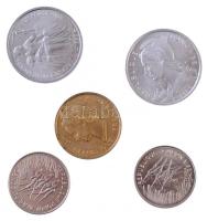 5db klf fémpénz francia gyarmati országokból, közte Comore-szigetek, Francia Óceáina T:1- 5pcs of diff coins from French colonial countries, including Comoros, French Oceania C:AU