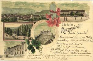 1898 (Vorläufer!) Rozsnyó, Roznava; Vasas fürdő, Evangélikus polgári leányiskola, püspöki székház, Krasznahorka. Falvi Jenő kiadása / spa, girl school, bishops palace, castle Krásnohorské Podhradie. Art Nouveau, floral, litho (szakadás / tear)