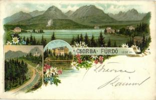 1899 (Vorläufer!) Tátra, Vysoké Tatry; Csorda-fürdő / Strbské pleso / lake, spa. M. Kuschel Art Nouveau, floral, litho (kopott sarkak / worn corners)