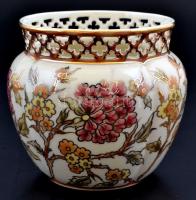 Zsolnay áttört karimájú virágos váza, kézzel festett, jelzett, apró kopásokkal, m: 10,5 cm
