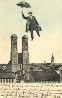 1904 München, Munich; Ein Ausflug nach München / montage postcard with flyin gentleman with umbrella (EK)