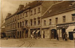 Szombathely, Premontrei régi és új rendház, Berkes Pálné virágkereskedése, Gyermekruhák, Heinz Gyula és Rasperger üzlete, villamossín. photo