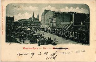 1900 Szombathely, Piac, piaci árusok szekerekkel, bútorraktár, Deutsch Miksa, Leszler üzlete. Knebel cs. és kir. udvari fényképész felvétele (EK)