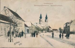 1915 Erzsébetváros, Dumbraveni; Genossenschaftsbank / Szövetkezeti bank, utcakép télen, templom. Adler fényirda / cooperative bank, street view in winter, church (r)