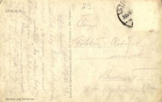 1929 Szolnok, utca, Kelemen József kerékpár és írógép üzlete, Hangya, Réti testvérek boltja, autóbus...