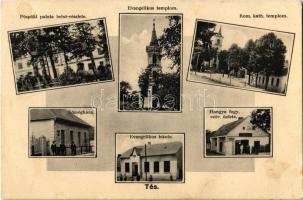 1935 Tés, Püspöki palota, Evangélikus templom és iskola, Községháza, Római katolikus templom, Hangya fogyasztási szövetkezet üzlete (fl)
