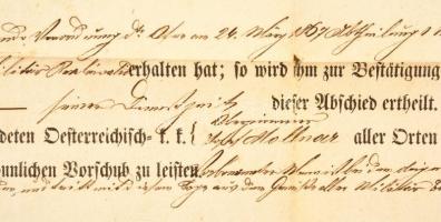 1867 Katonai végelbocsájtó levél, obsit magyar katona részére 49x38 cm