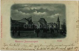1899 Jászberény, Fő tér, templom, Lehel szálloda és kávéház, üzletek. Kiadja Rothauser Gábor (EK)