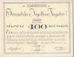 Budapest 1919. Az Immobilia Ingatlan Forgalmi Részvénytársaság részvénye 400K-ról szelvényekkel (2x) sorszámkövetők T:II