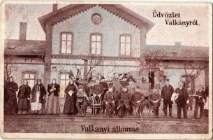 1902 Valkány, Valcani; Vasútállomás, vasutasok, gőzmozdony / Bahnhof / railway station, railwaymen, locomotive (EK)