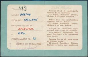1953 Bartha Lászlóné Szabó Aranka (1926-2018) atléta, futó részvételi jegye az 1953-as bukaresti VIT...