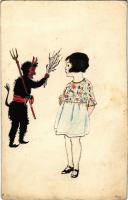 Kézzel rajzolt krampusz és kislány / Krampus with girl. Hand-drawn art postcard s: Sz. E. (vágott / cut)