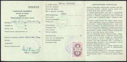 1990 Bp., A Magyar Népköztársaság által kiadott vadászati engedély külföldi állampolgár részére