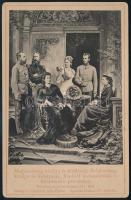 1881 Habsburg Rudolf (1858-1889) trónörökös és Stefánia belga királyi hercegnő (1864-1945) eljegyzési képe, szüleik társaságában, (I. Ferenc József császár és király, Erzsébet császárné és királyné, II. Lipót belga király és Habsburg-Nádori Mária Henrietta királyné), sokszorosított fénynyomat, szép állapotban, 16,5×10,5 cm