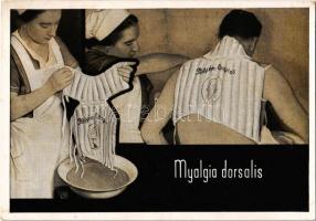 1937 Pöstyénfürdő, Kúpele Piestany; Myalgia dorsalis gyógykezelés Gamma-Kompressel (iszapkompressz). reklámlap / healing treatment with Gamma-mud compress. advertisement card (18,5 cm x 10,5 cm)