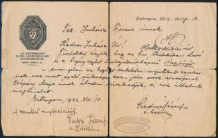 1932 Esztergom, a Katolikus Legényegylet elnökségének levele nagybőgő visszaszolgáltatásáról, fejléces papíron, a hajtás mentén kettészakadt