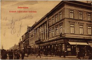 1909 Debrecen, Kossuth Lajos utca torkolata, Kontsek Kornél üzlete. Debreczeni Dohánynagyáruda kiadása