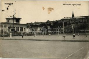 1913 Budapest XI. Kelenföldi sporttelep, teniszpálya teniszezőkkel. Kiadja Leffler (EK)