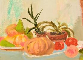 Gánóczy Mária (1927-): Pálma és gyümölcs. Olaj, vászon, jelzett, keretben, 60×80 cm