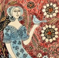 Vén Edit (1937-): Lány galambbal. Festett mázas csempekép, jelzett, keretben, 44×14 cm