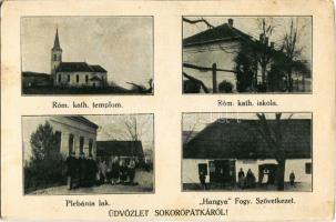 1927 Sokorópátka, Római katolikus templom és iskola, Plébánia lak, Hangya Fogyasztási Szövetkezet üzlete. Szilágyi Arthur műterméből (kopott sarkak / worn corners)